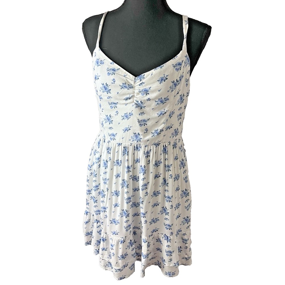Blue Floral Babydoll Mini Dress Women's M Tiered Ditsy Cottagecore - Picture 3 of 9